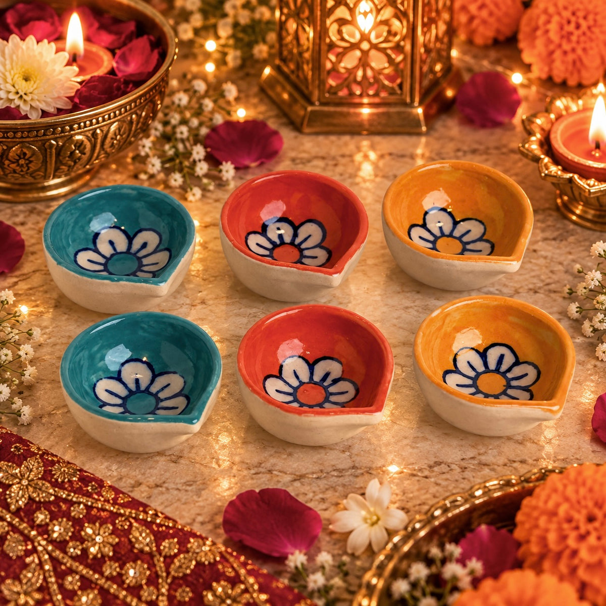 Handpainted Ceramic Diya - Pack of 6