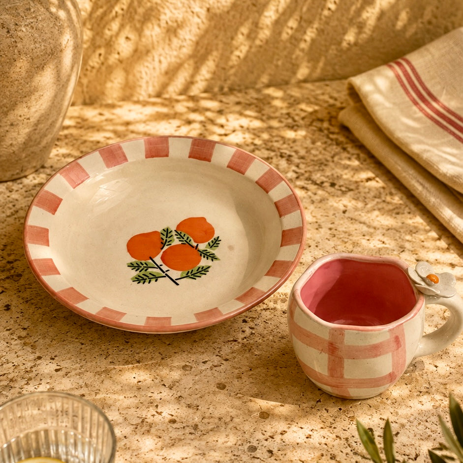 Citrus Stripes Positano Pasta Plate and  Pixie Flower Mug  - Set of 2