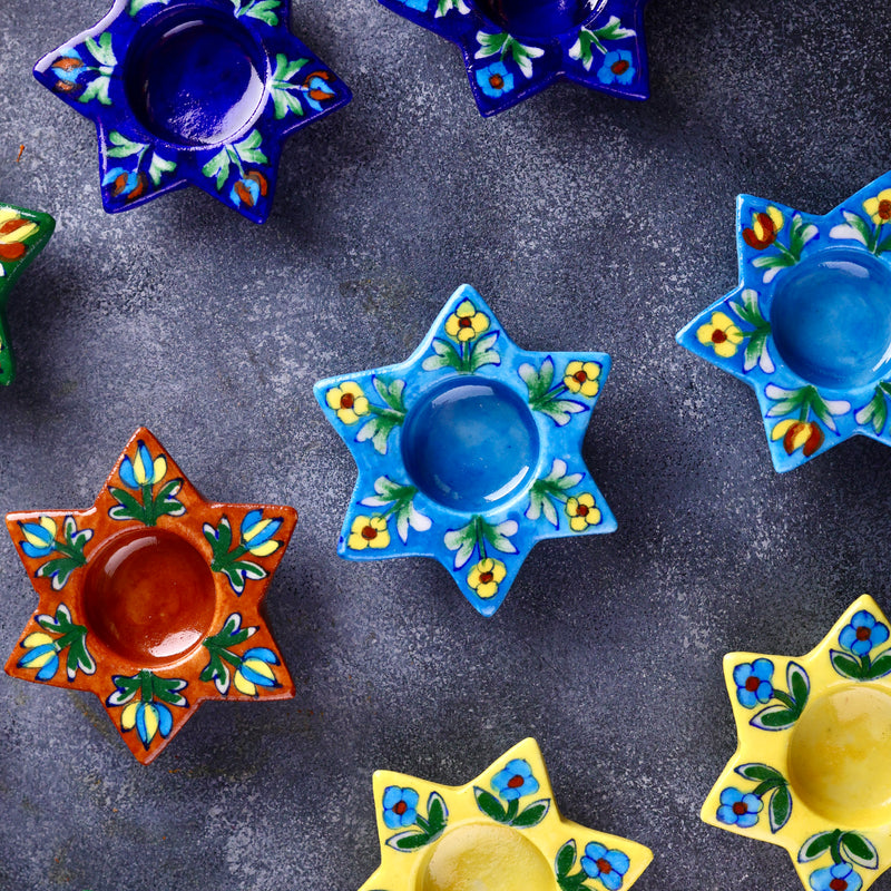 Handpainted Colourful Blue Pottery T-light holders