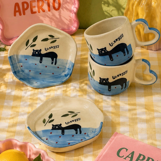 Lazzyyy Cat Duo Cup and Snack Plate