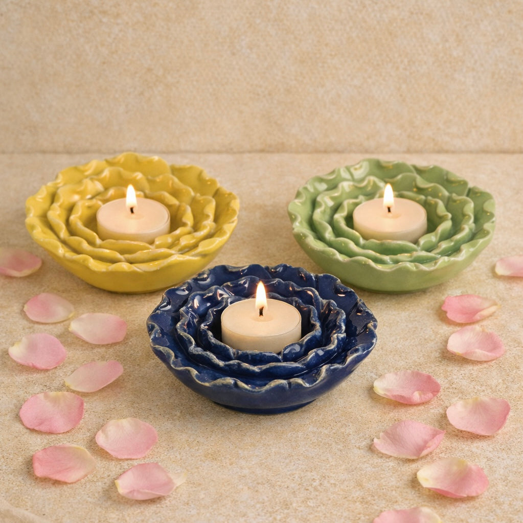 Handmade Ceramic Flower t-light holder - Pack of 3 Green, Blue and Yellow