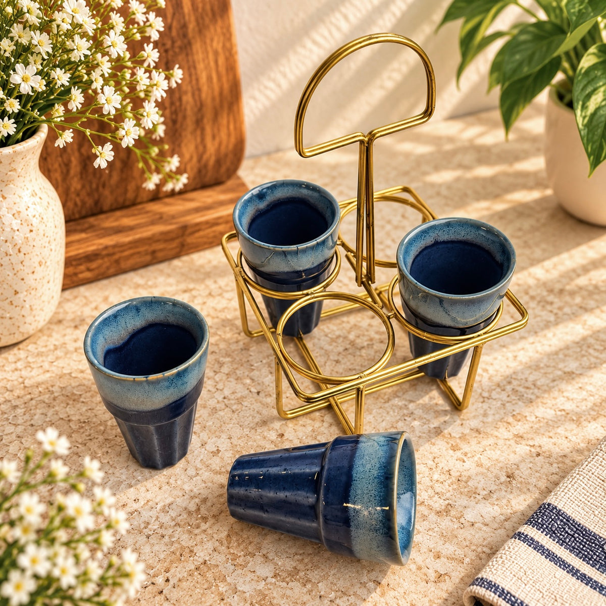 Set of 4 Chai Glasses with Golden Stand - Blue
