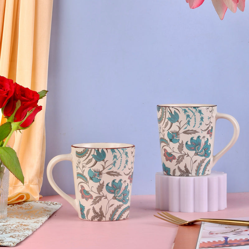 Phool Bagh Printed Stoneware Mugs - Muted Pastel and Indigo