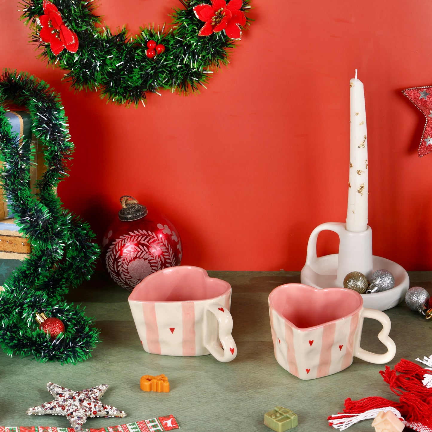 Handmade Pink Stripes Heart Shaped Mugs - Set of 2