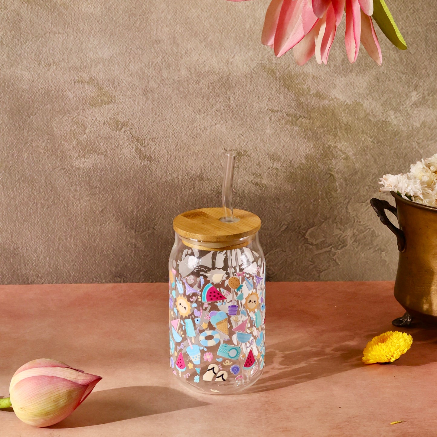 Beach Bum Ophelia Glass Sipper - with UV DTF sticker