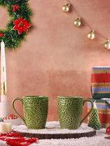 Holly Embossed Green Mugs - Set of 2