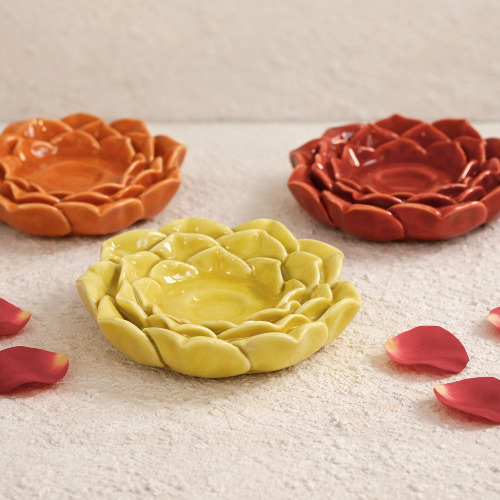 Handmade Ceramic Flower t-light holder - Pack of 3 Red, Yellow and Orange