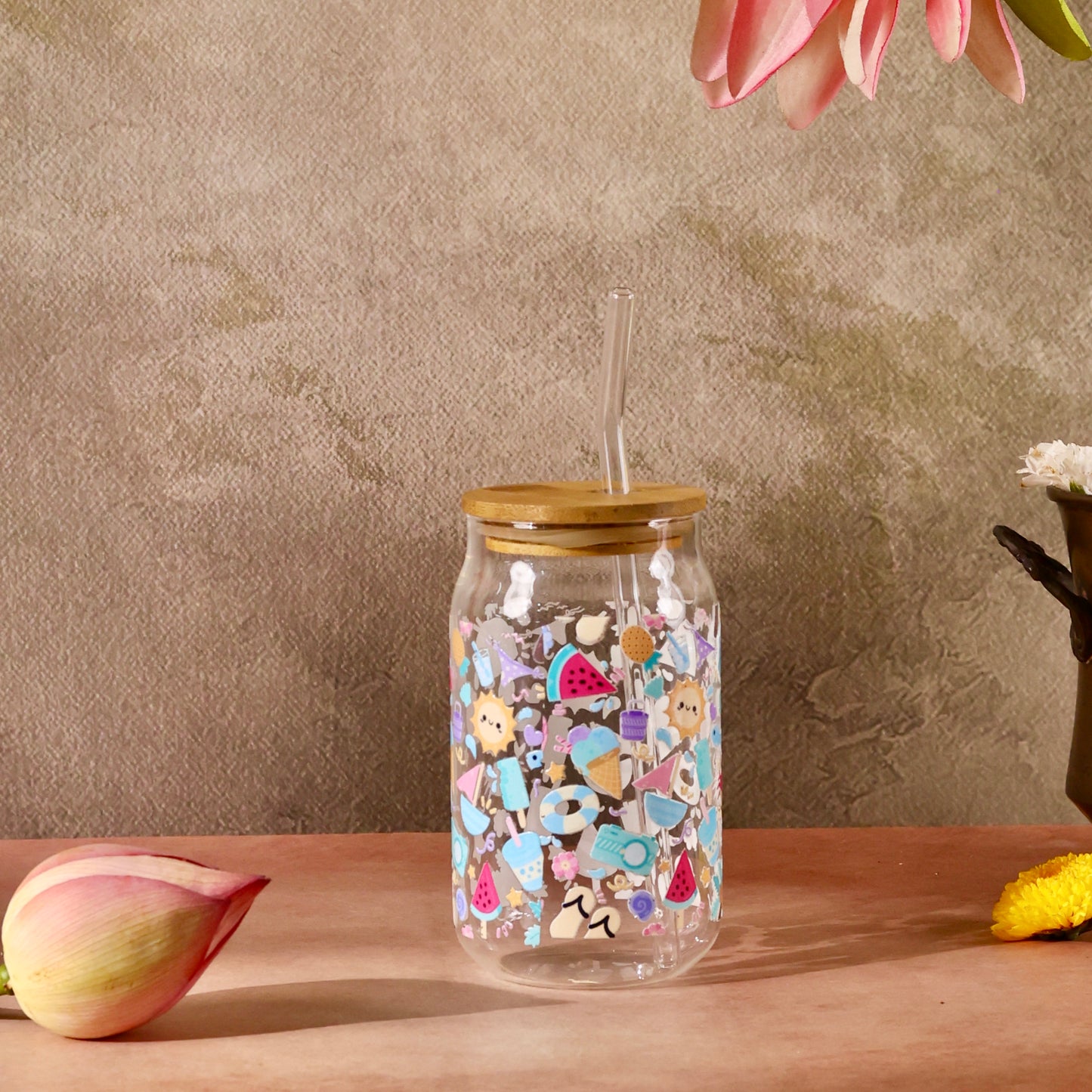 Beach Bum Ophelia Glass Sipper - with UV DTF sticker