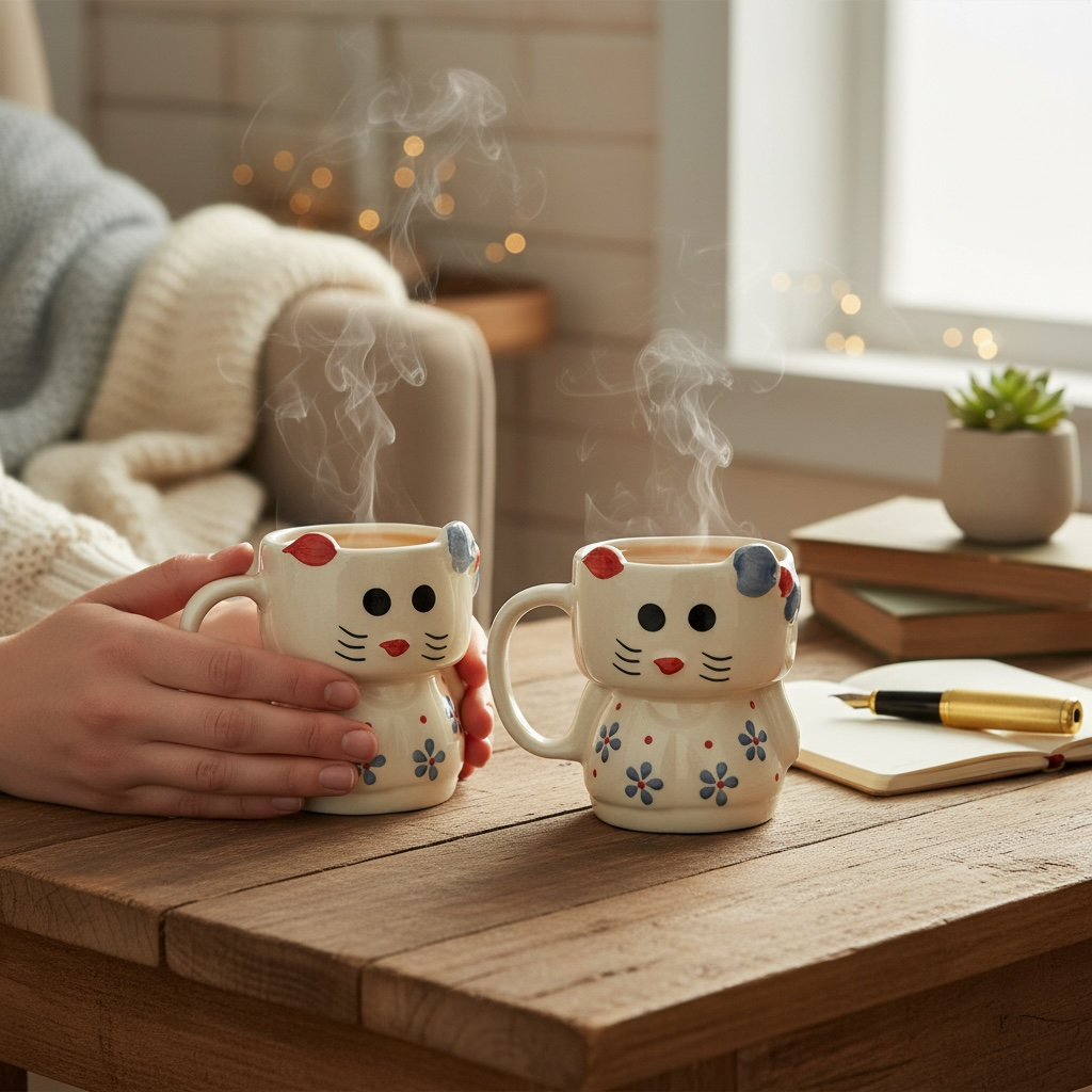 Snuggle Kitty Mugs with blooms - Set of 2
