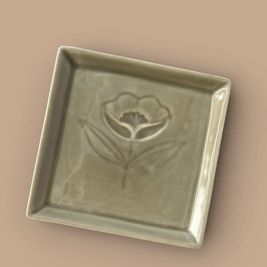 Rani Bagh Olive Grey Embossed Square Snack Plate - Pack of one