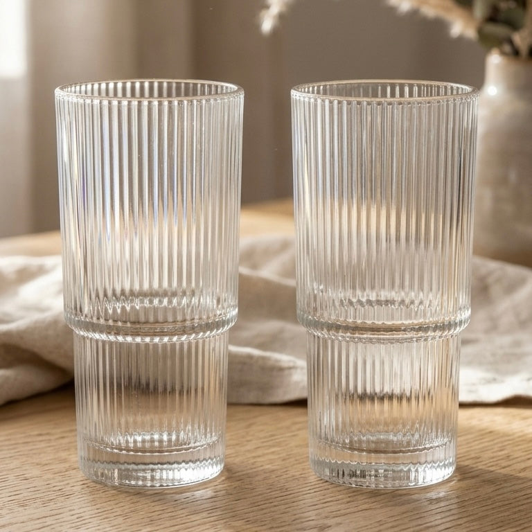 Studio Stria Ribbed Tall Glasses for Cold Coffee and Long Drinks