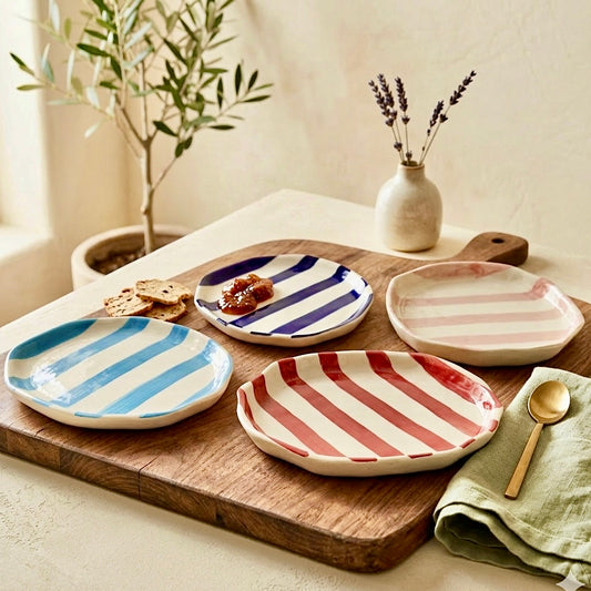 Zen Stripe Snack Plate Set - Light blue, dark blue, red and pink