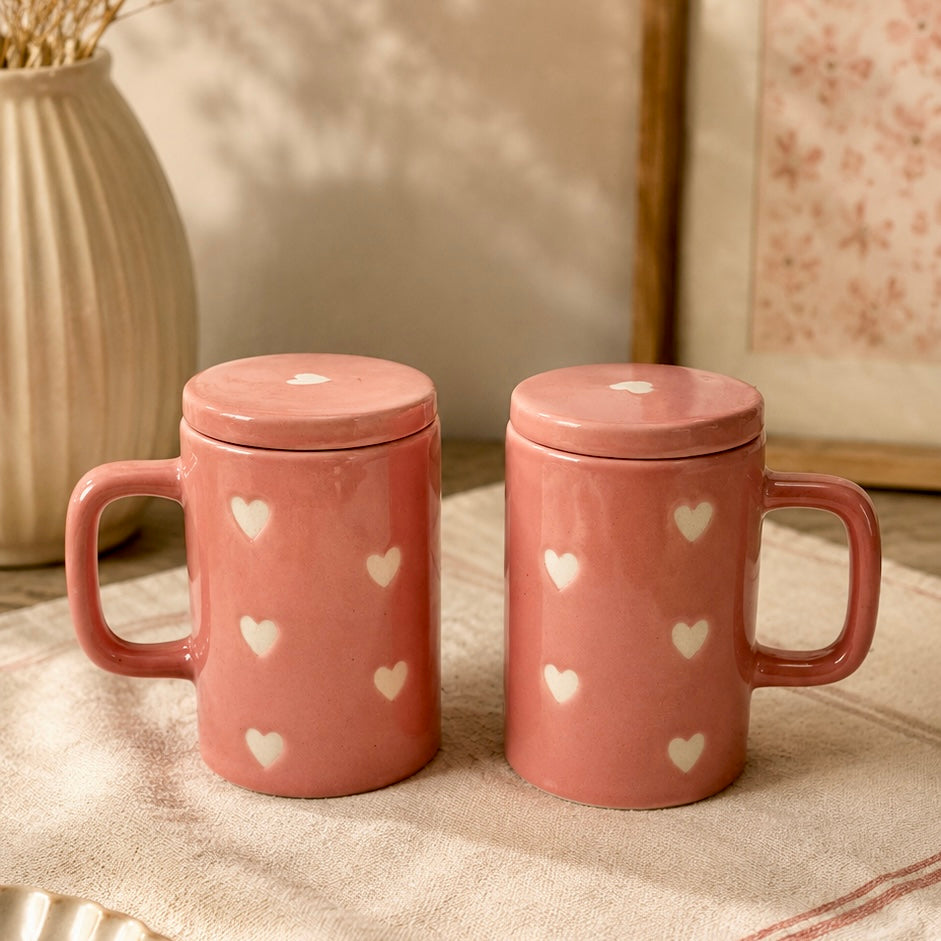 Pink Heart Mug with Lid - Pack of 2