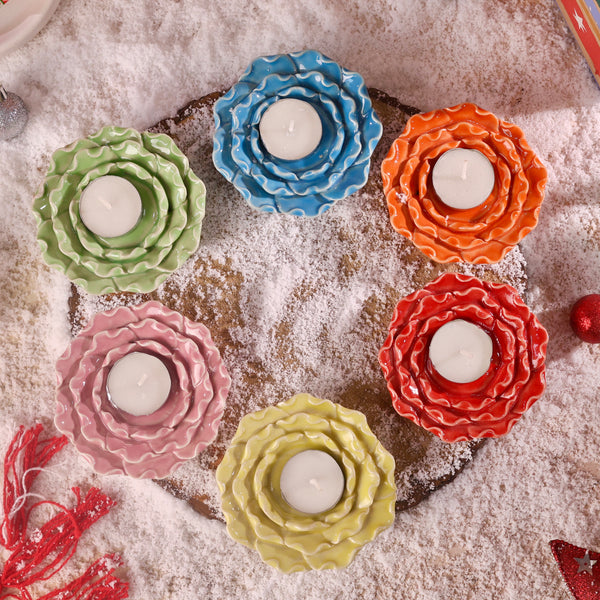 Handmade Ceramic Flower t-light holder - Pack of 6 (assorted colours)