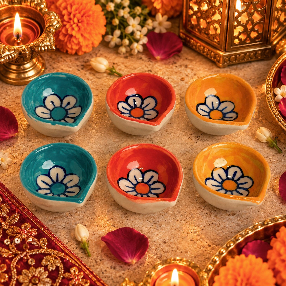 Handpainted Ceramic Diya - Pack of 6