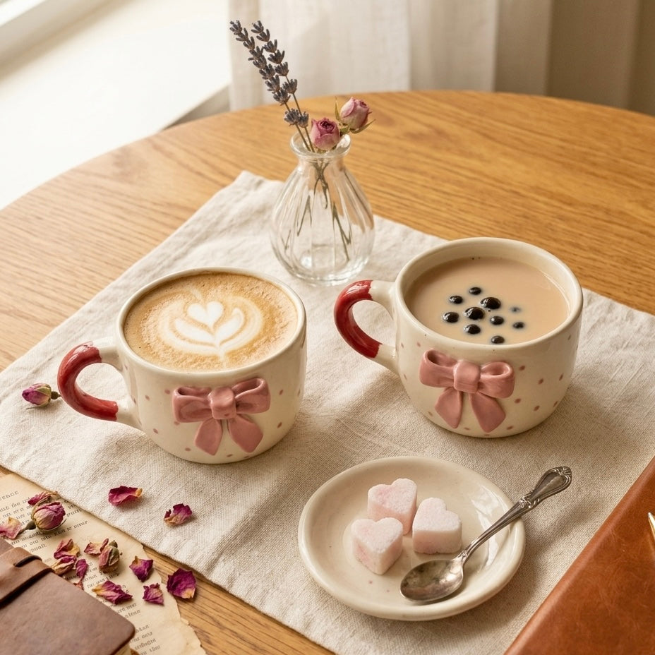 Pink 4D Bow Polka Mugs - Set of 2