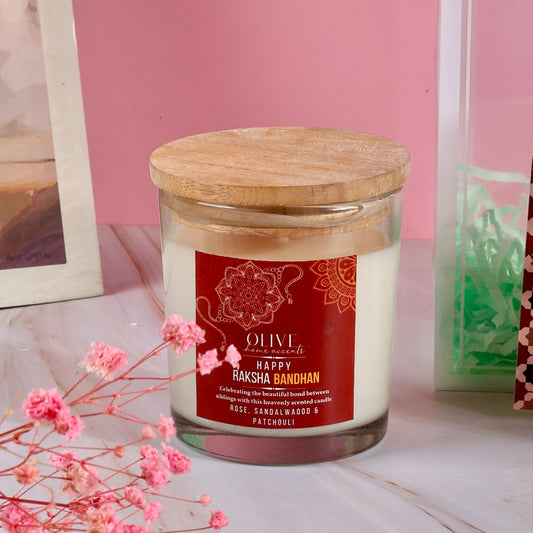 Happy Rakshabandhan Rose, Sandalwood & Patchouli Scented Candle