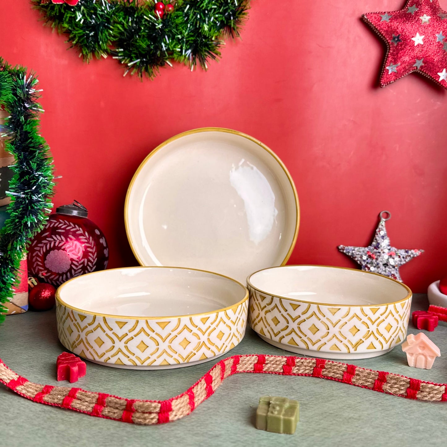 Green Lattice 3 Piece Nesting Flat Bowl Set