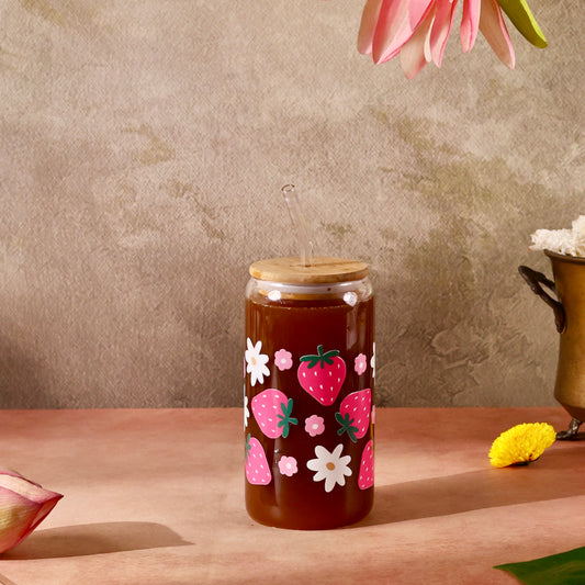 Strawberry Garden Ophelia Glass Sipper - with UV DTF sticker