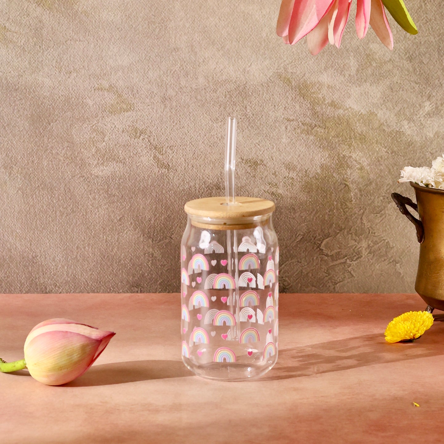 Rainbow Hearts Ophelia Glass Sipper - with UV DTF sticker