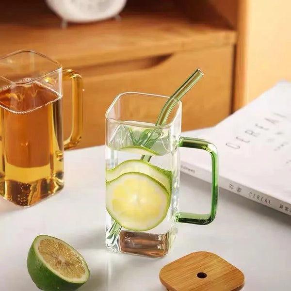 Sante Square Glass with Bamboo Lid and Glass Straw Green