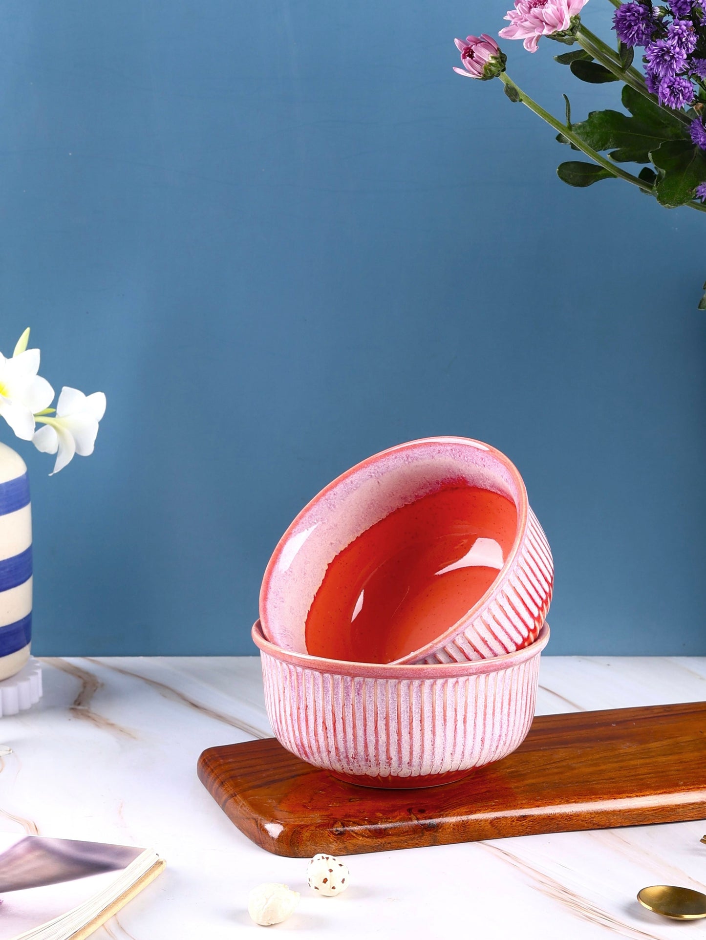 Ribbed Stoneware All Purpose Bowls - Green & Red