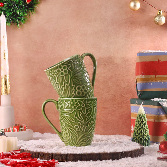 Holly Embossed Green Mugs - Set of 2