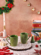 Holly Embossed Green Mugs - Set of 2