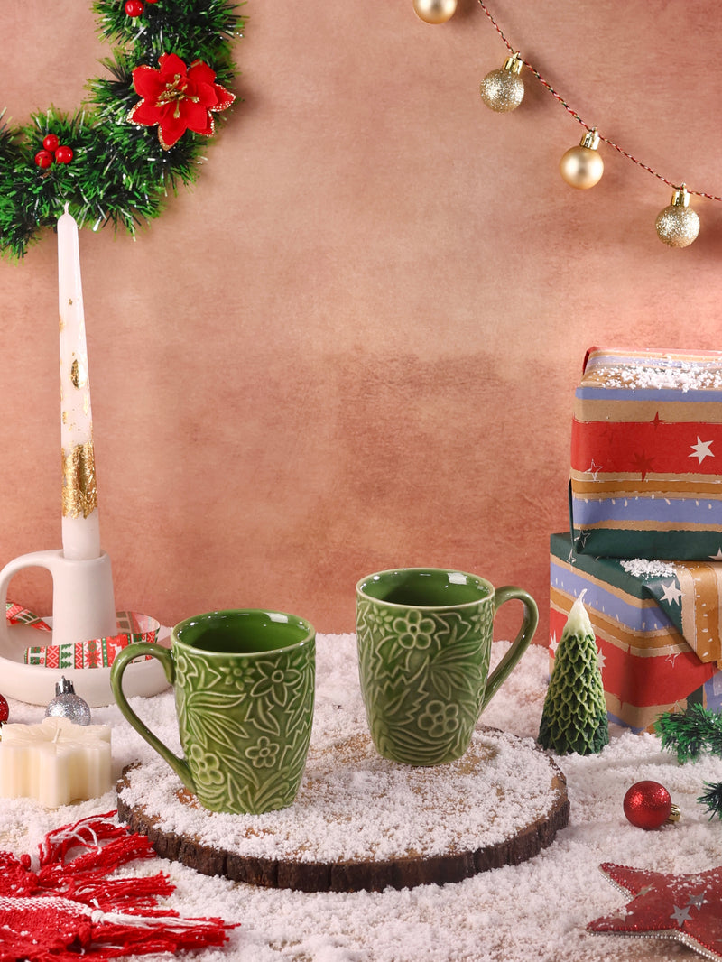 Holly Embossed Green Mugs - Set of 2