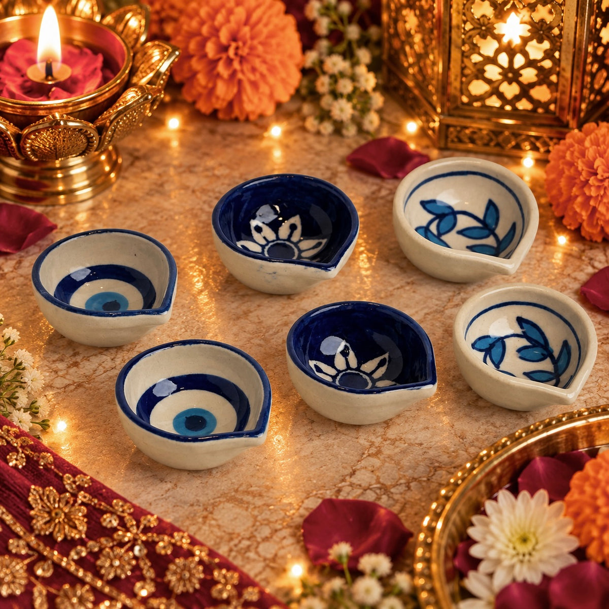 Handpainted Ceramic Diya - Pack of 6