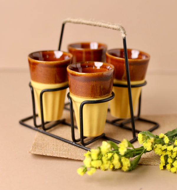 4 Chai Glasses with Stand - Yellow and Brown