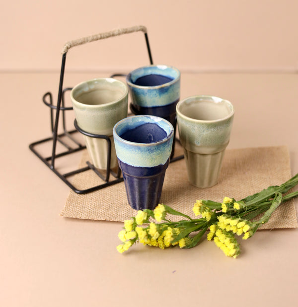 4 Chai Glasses with Stand - Light Green and Dark Blue