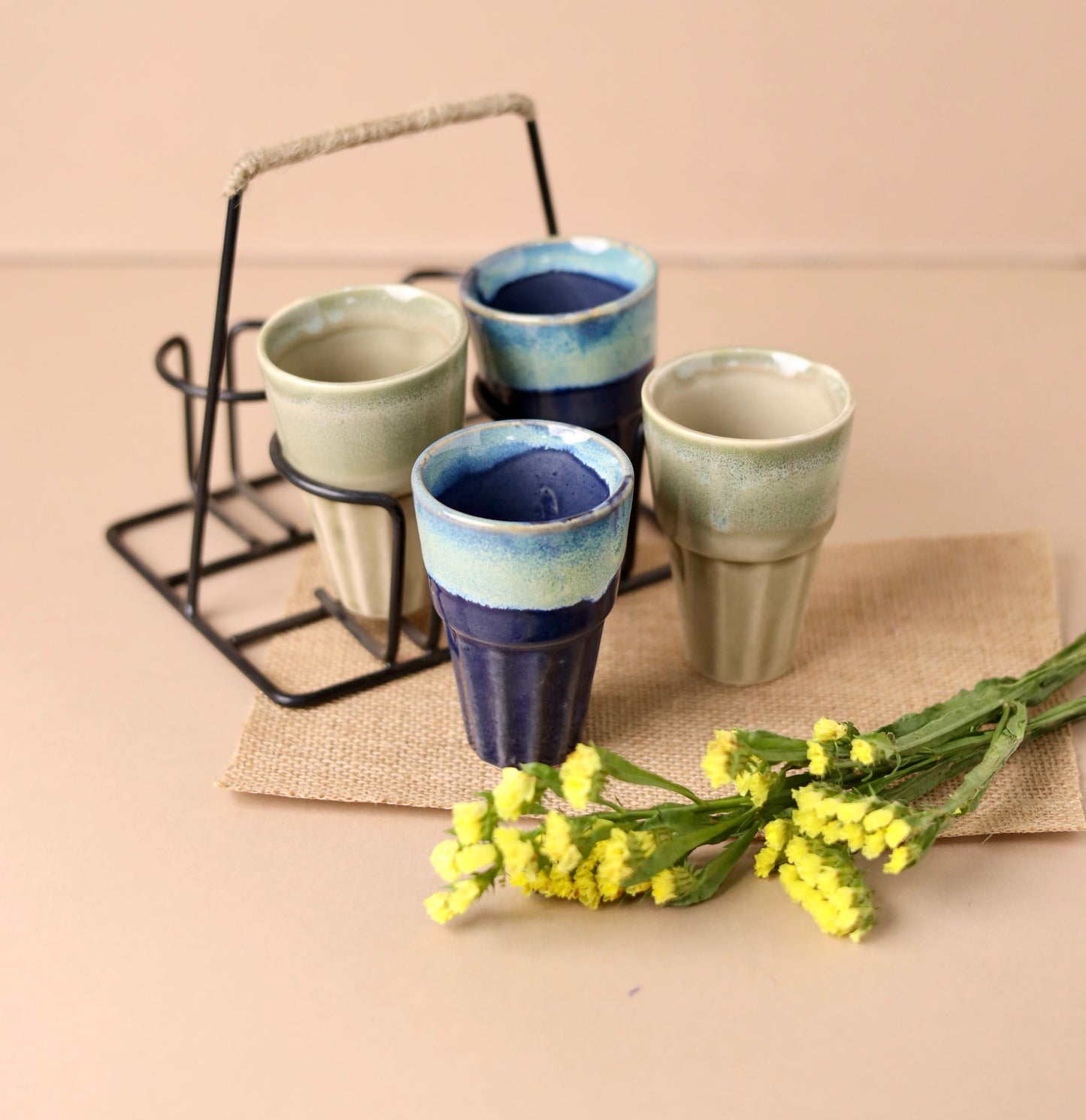 4 Chai Glasses with Stand Set - Stoneware in Various Color Combinations