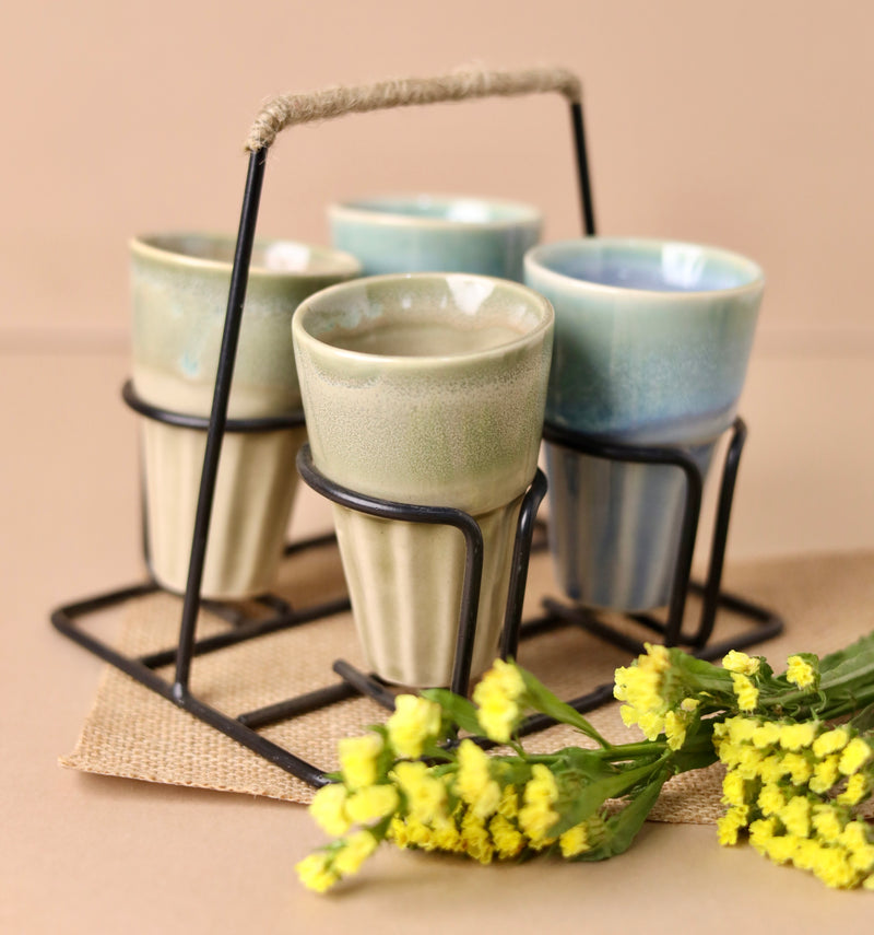 4 Chai Glasses with Stand - Light Green and Light Blue