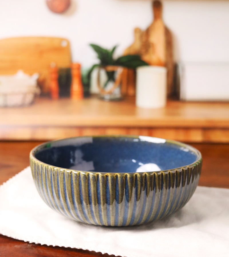 Blue Fluted Studio Pottery Serving Bowl