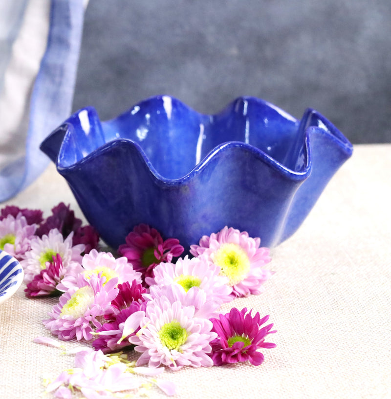 Cobalt Blue Studio Pottery Wavy Serving Bowl