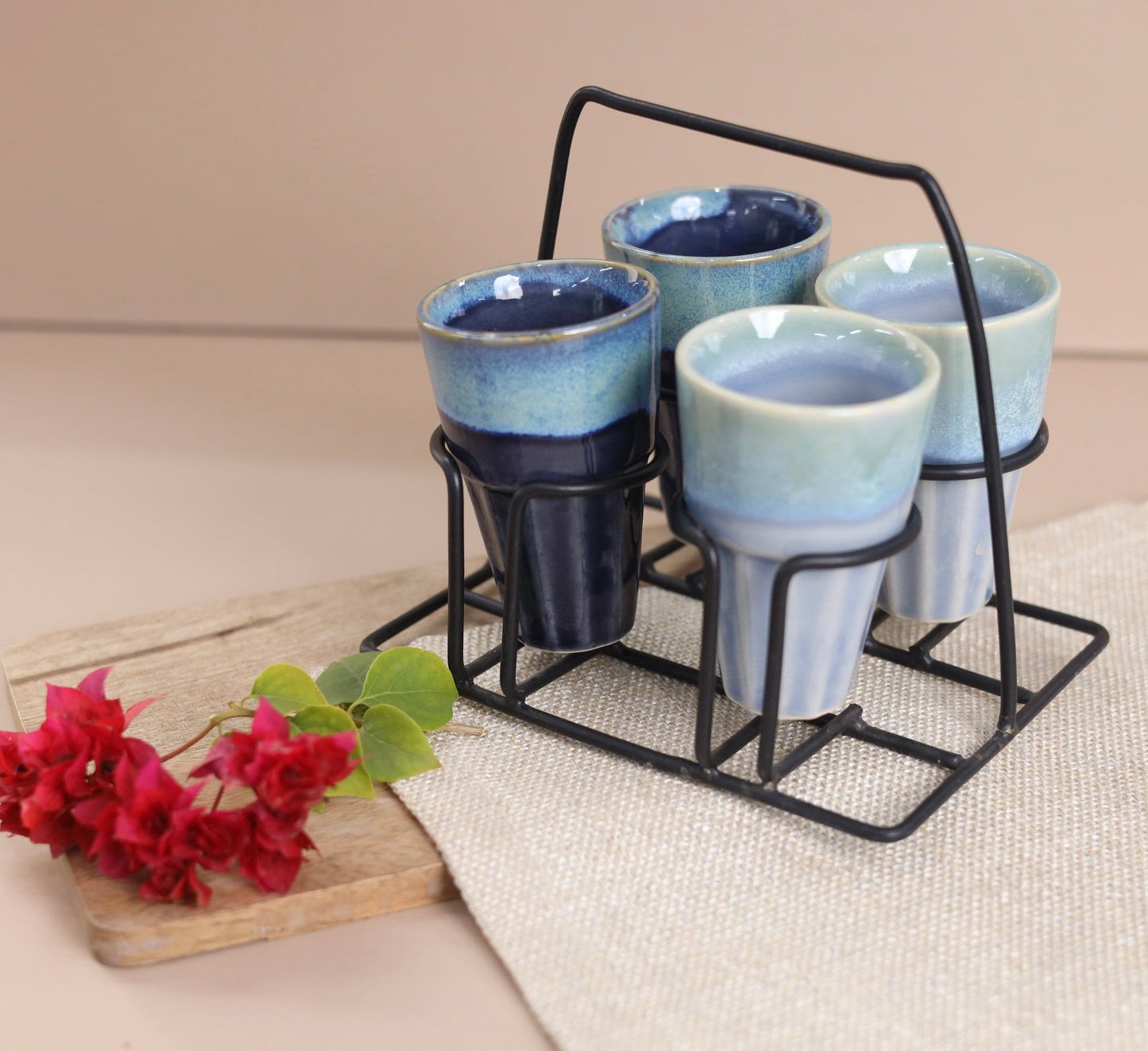 4 Chai Glasses with Stand Set - Stoneware in Various Color Combinations