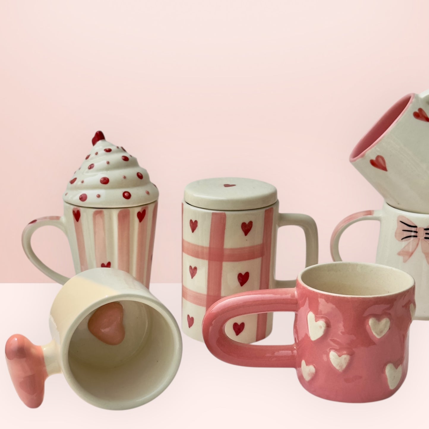 Set of 10 Statement Pink Heart and Bow Mugs