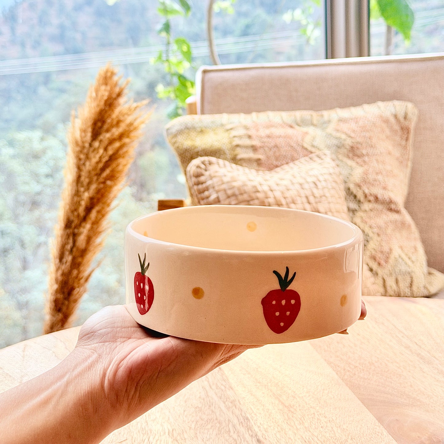 Strawberries and Daisies Handpainted Flat Bowl