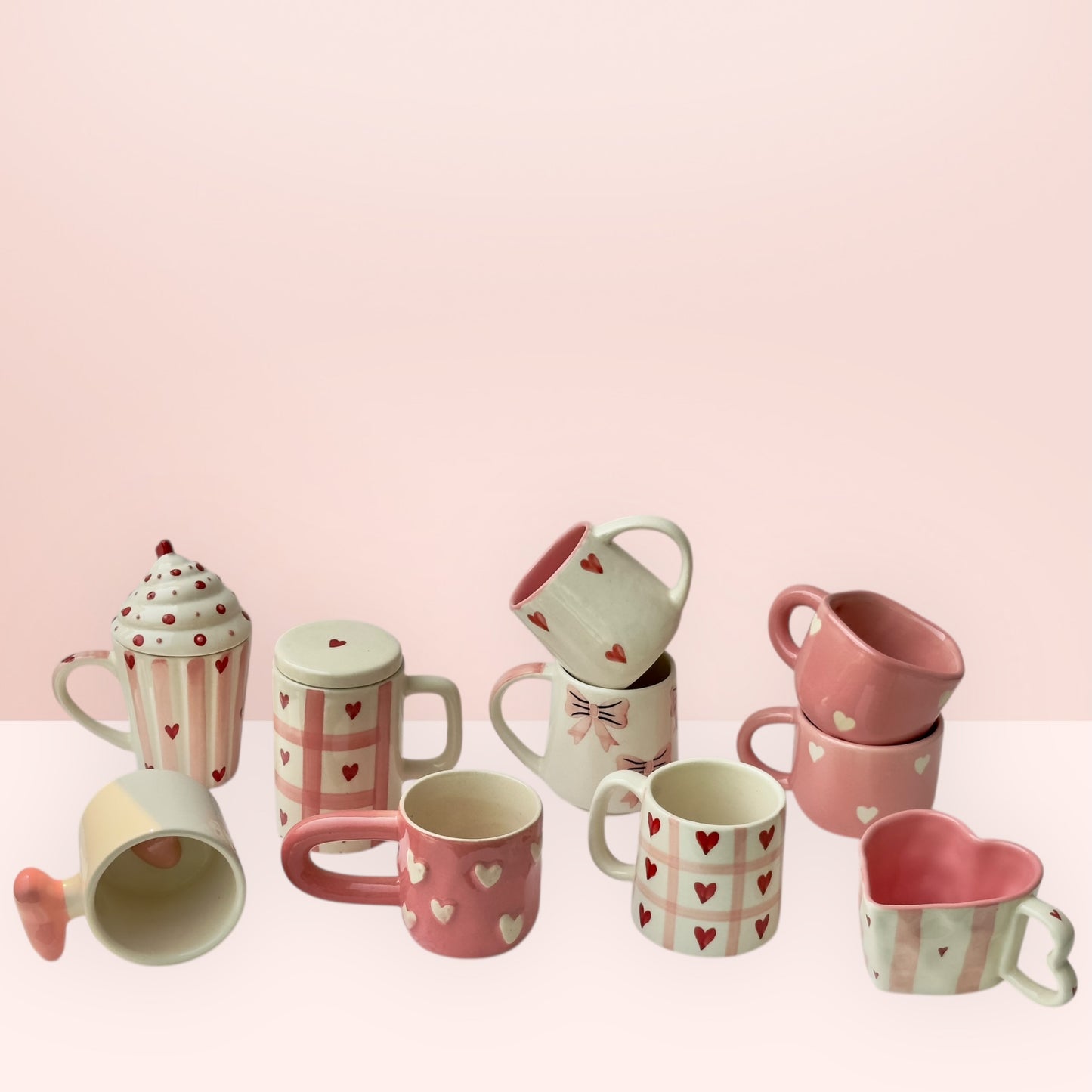 Set of 10 Statement Pink Heart and Bow Mugs