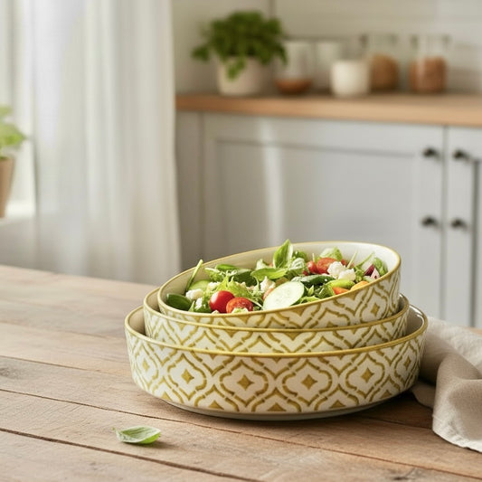 Green Lattice 3 Piece Nesting Flat Bowl Set