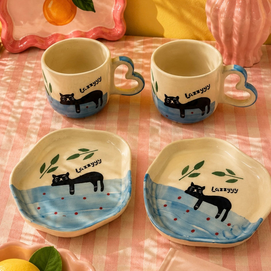 Lazzyyy Cat Duo Cup and Snack Plate
