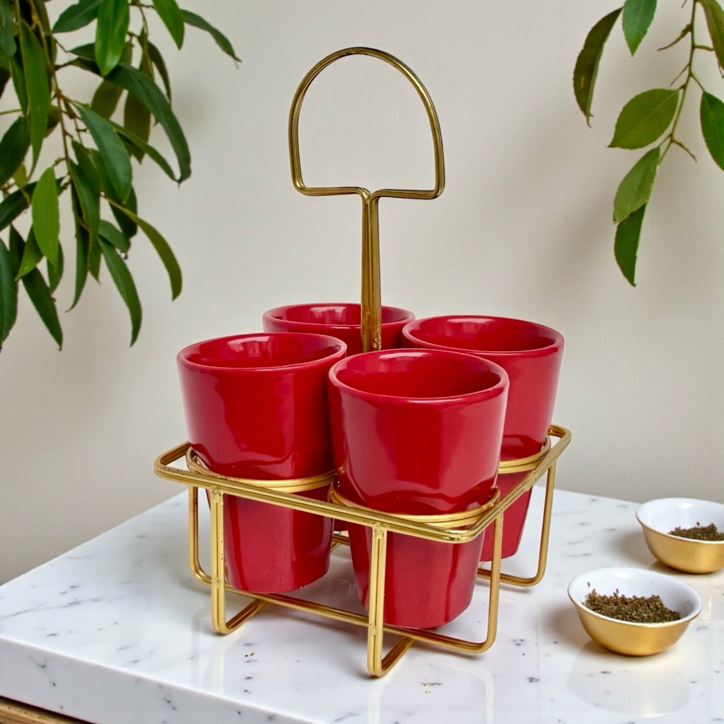 4 Red Chai Glasses with Golden Stand Set