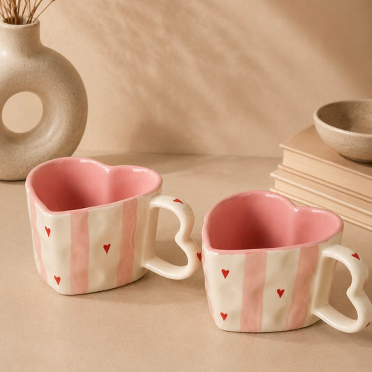Handmade Pink Stripes Heart Shaped Mugs - Set of 2