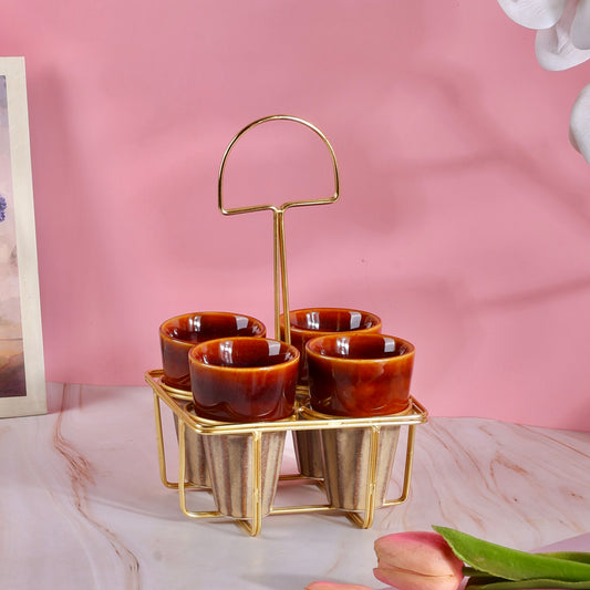 4 Chai Glasses with Golden Stand Set - Brown