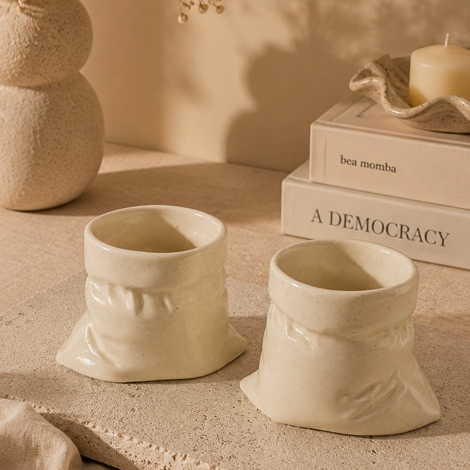 Handmade Off White Slouchy Handleless Mugs Small - Set of 2