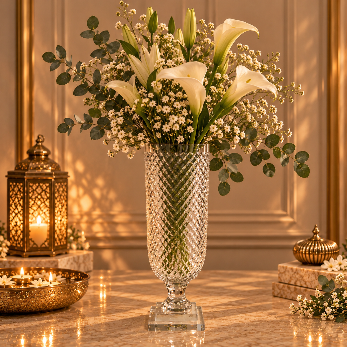 Crystal Cut Tall Glass Hurricane or Vase