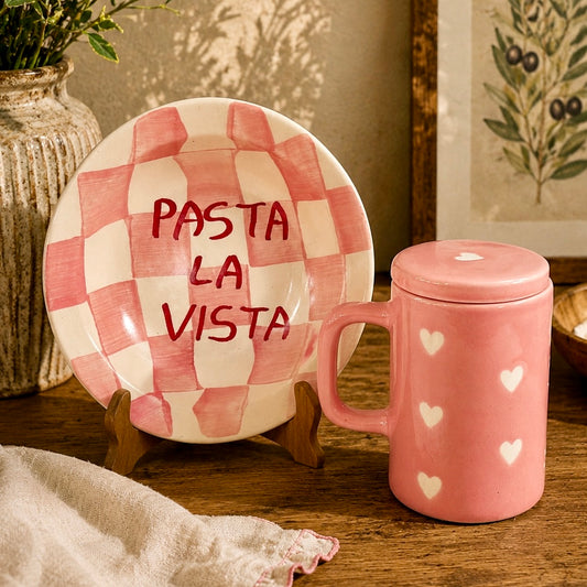Pasta La Vista Pasta Plate and Pink Heart Mug with Lid - Set of 2