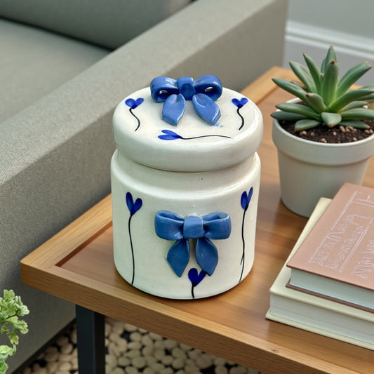 Azure Blue Bow Heart Jar Small - not airtight