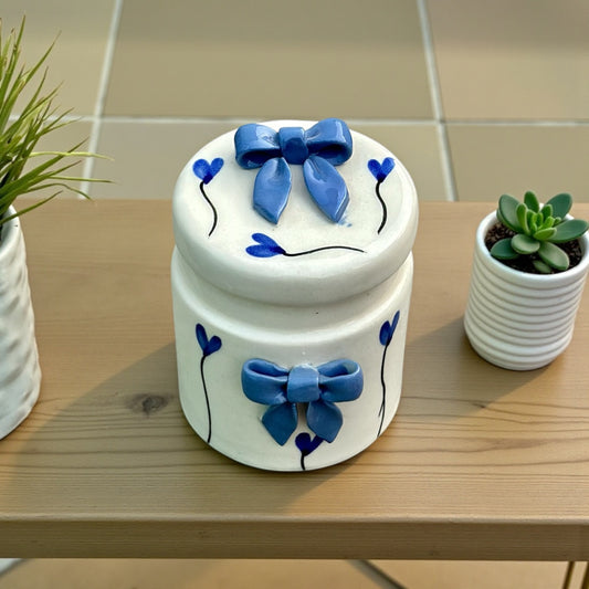 Azure Blue Bow Heart Jar Small - not airtight
